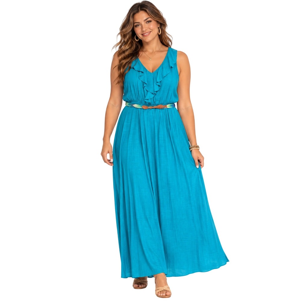 B-Design Maxi Dress Women XL Turquoise Blue Ruffle Crochet Back Boho Belted New